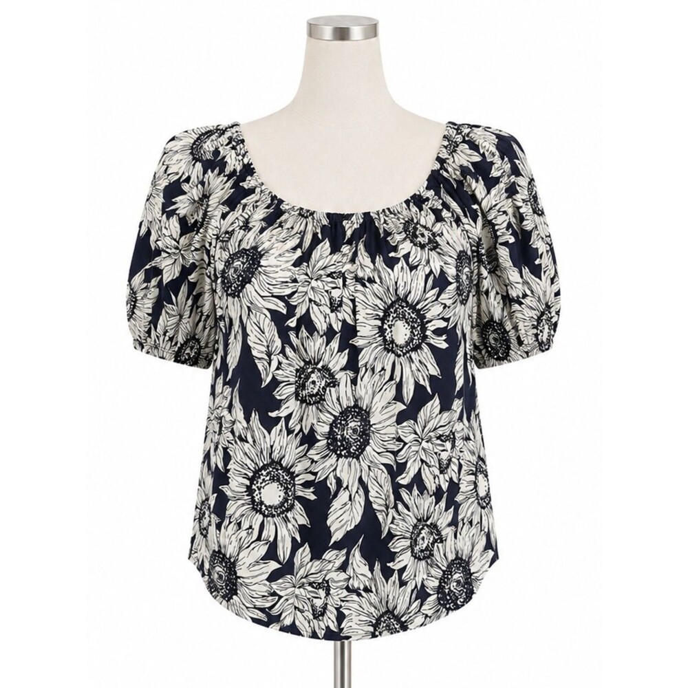Karen Kane Sunflower Peasant Blouse Scoop Neck Puff Sleeve Black Cream XS NEW